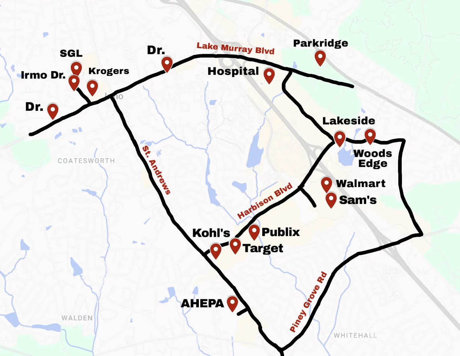 Wheels Harbison Service Route Map