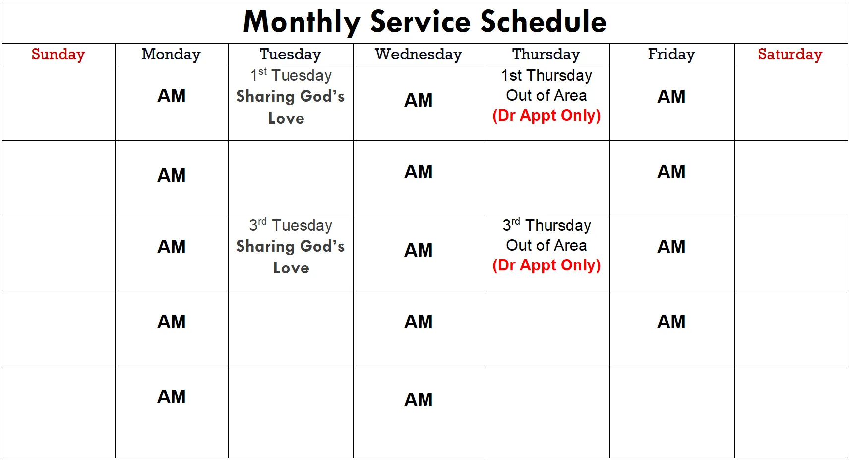 Wheels Harbison Service Schedule